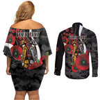 Collingwood Magpies ANZAC Personalised Couples Matching Off Shoulder Short Dress and Long Sleeve Button Shirt Lest We Forget Poppy Camo