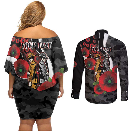 Collingwood Magpies ANZAC Personalised Couples Matching Off Shoulder Short Dress and Long Sleeve Button Shirt Lest We Forget Poppy Camo