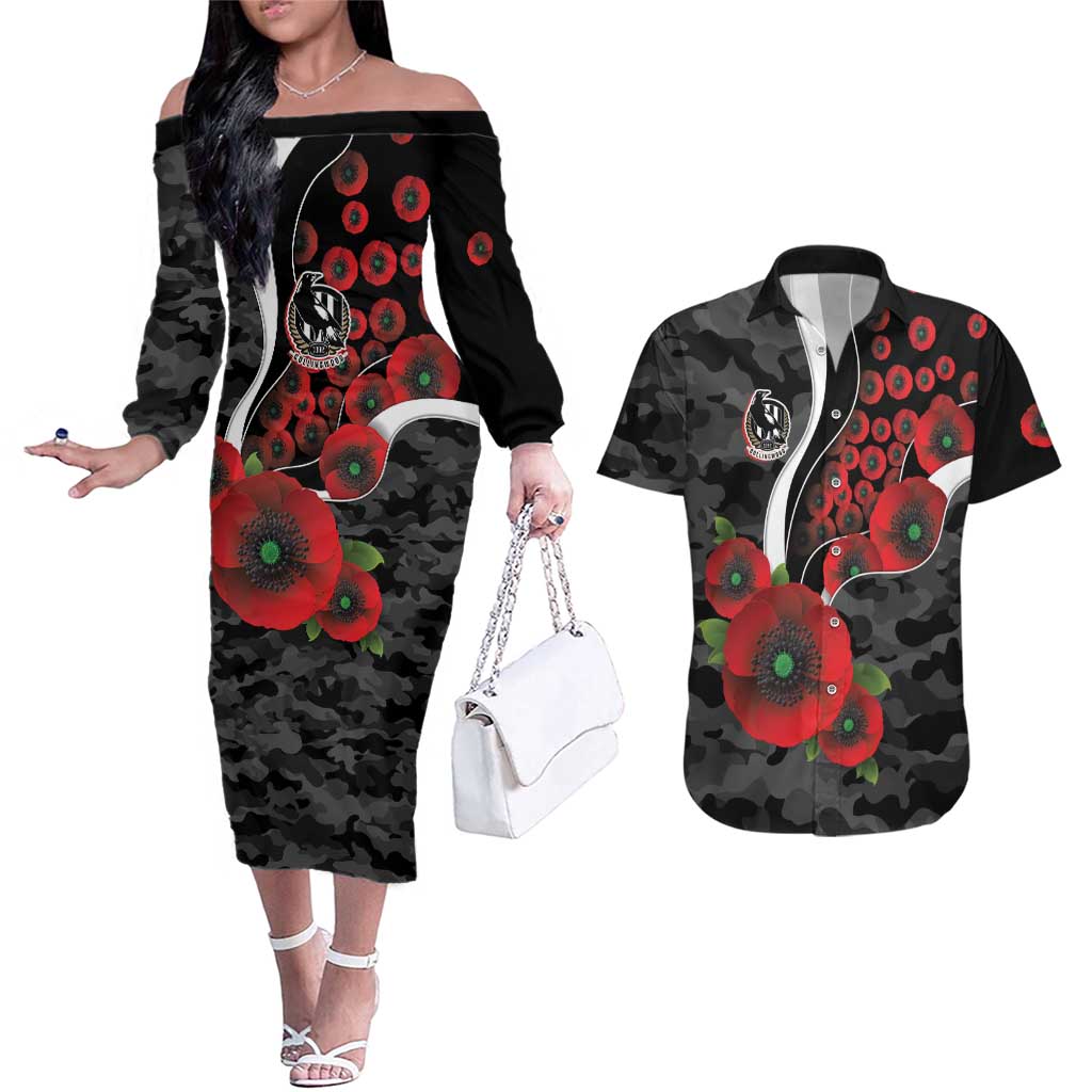 Collingwood Magpies ANZAC Personalised Couples Matching Off The Shoulder Long Sleeve Dress and Hawaiian Shirt Lest We Forget Poppy Camo