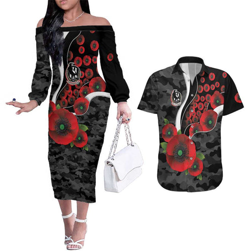 Collingwood Magpies ANZAC Personalised Couples Matching Off The Shoulder Long Sleeve Dress and Hawaiian Shirt Lest We Forget Poppy Camo