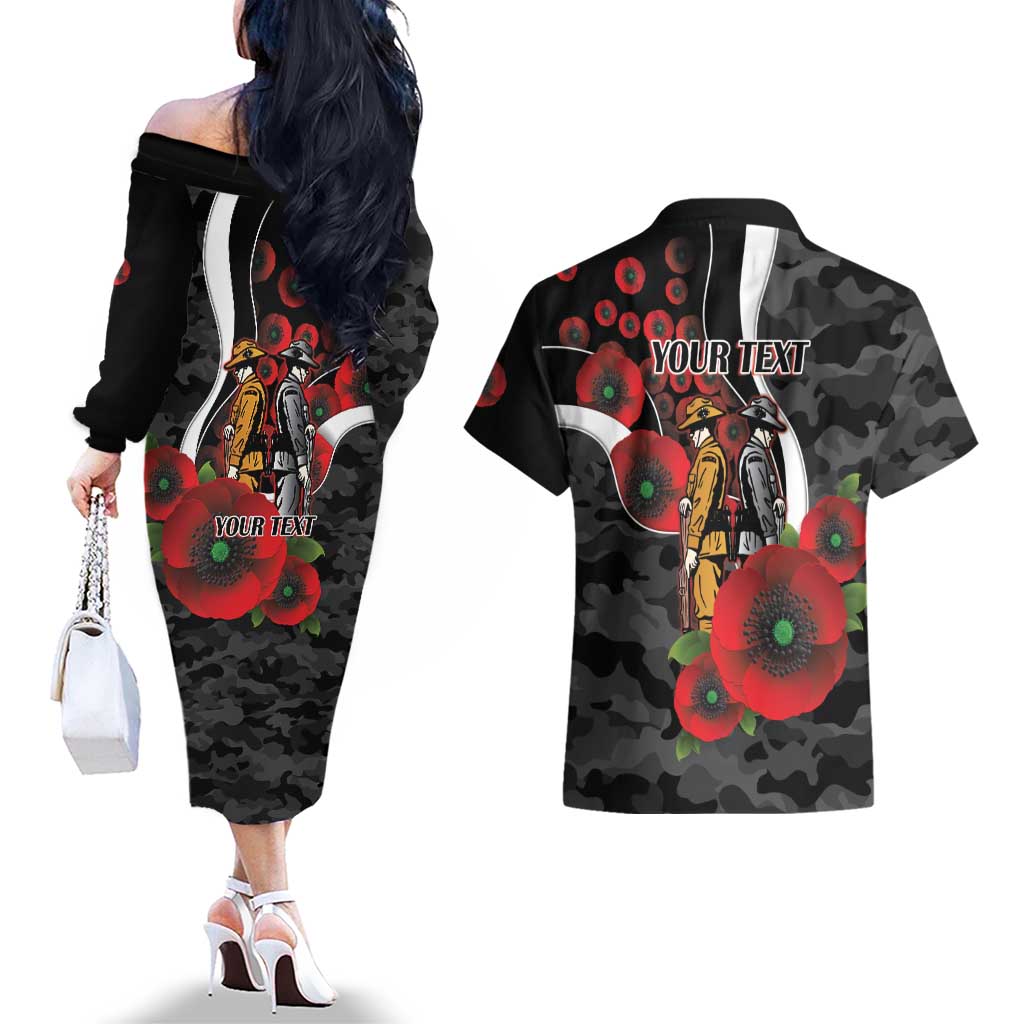 Collingwood Magpies ANZAC Personalised Couples Matching Off The Shoulder Long Sleeve Dress and Hawaiian Shirt Lest We Forget Poppy Camo