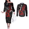 Collingwood Magpies ANZAC Personalised Couples Matching Off The Shoulder Long Sleeve Dress and Long Sleeve Button Shirt Lest We Forget Poppy Camo