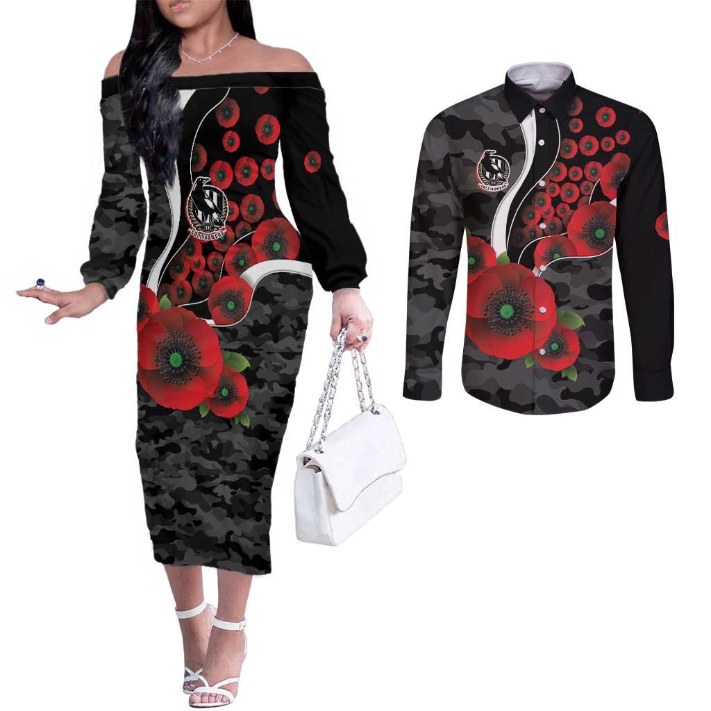 Collingwood Magpies ANZAC Personalised Couples Matching Off The Shoulder Long Sleeve Dress and Long Sleeve Button Shirt Lest We Forget Poppy Camo