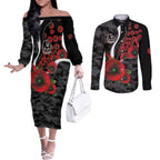Collingwood Magpies ANZAC Personalised Couples Matching Off The Shoulder Long Sleeve Dress and Long Sleeve Button Shirt Lest We Forget Poppy Camo