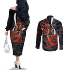 Collingwood Magpies ANZAC Personalised Couples Matching Off The Shoulder Long Sleeve Dress and Long Sleeve Button Shirt Lest We Forget Poppy Camo