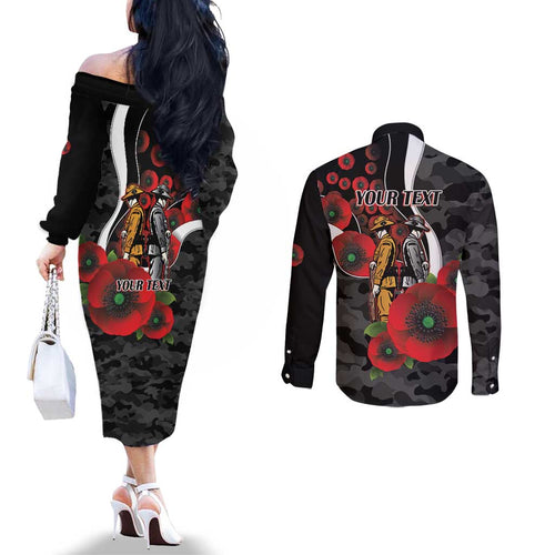 Collingwood Magpies ANZAC Personalised Couples Matching Off The Shoulder Long Sleeve Dress and Long Sleeve Button Shirt Lest We Forget Poppy Camo