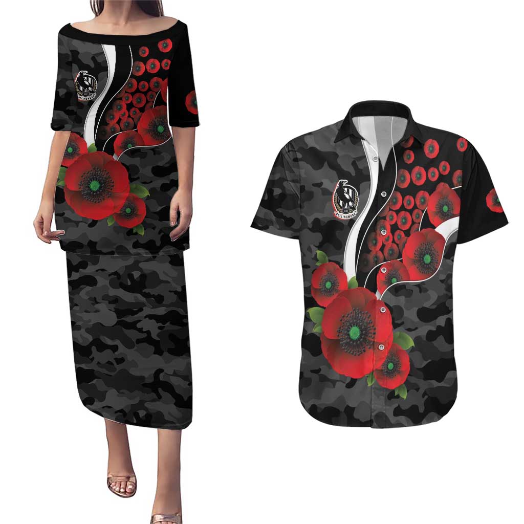 Collingwood Magpies ANZAC Personalised Couples Matching Puletasi and Hawaiian Shirt Lest We Forget Poppy Camo