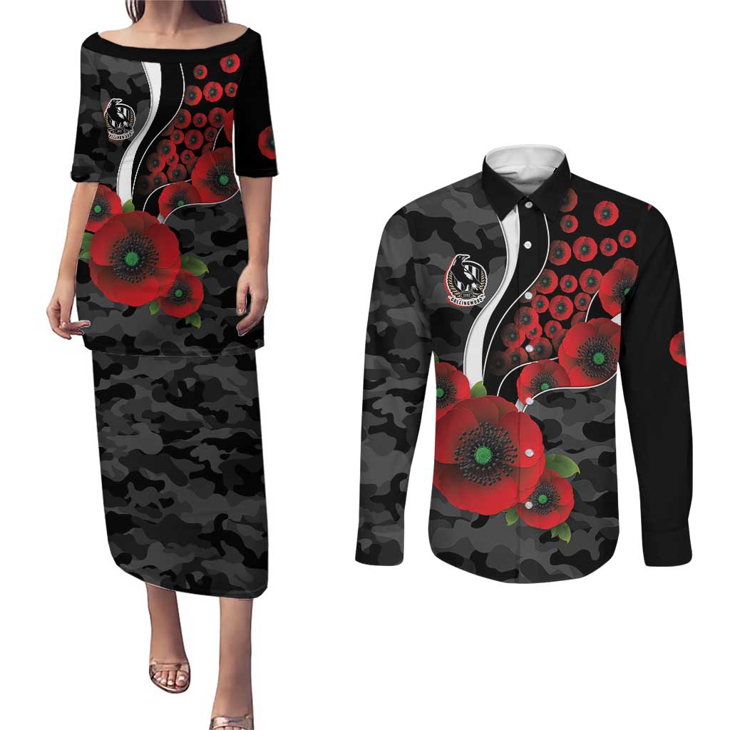 Collingwood Magpies ANZAC Personalised Couples Matching Puletasi and Long Sleeve Button Shirt Lest We Forget Poppy Camo