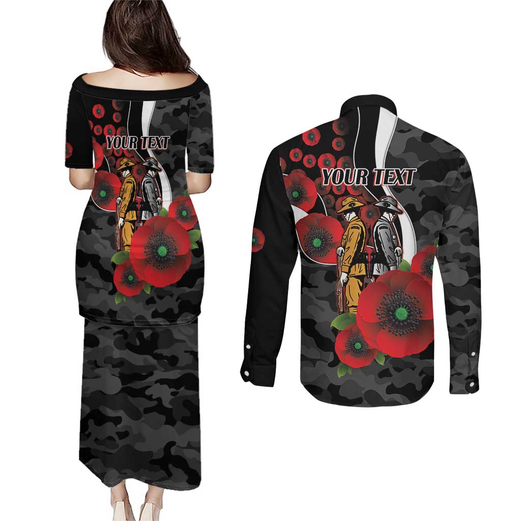 Collingwood Magpies ANZAC Personalised Couples Matching Puletasi and Long Sleeve Button Shirt Lest We Forget Poppy Camo