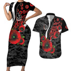 Collingwood Magpies ANZAC Personalised Couples Matching Short Sleeve Bodycon Dress and Hawaiian Shirt Lest We Forget Poppy Camo