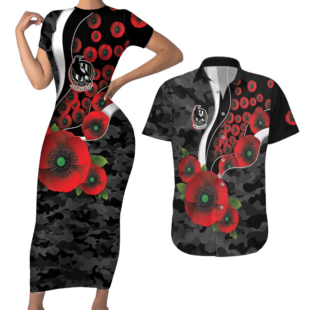 Collingwood Magpies ANZAC Personalised Couples Matching Short Sleeve Bodycon Dress and Hawaiian Shirt Lest We Forget Poppy Camo