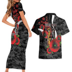 Collingwood Magpies ANZAC Personalised Couples Matching Short Sleeve Bodycon Dress and Hawaiian Shirt Lest We Forget Poppy Camo
