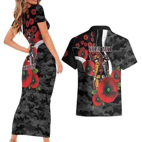 Collingwood Magpies ANZAC Personalised Couples Matching Short Sleeve Bodycon Dress and Hawaiian Shirt Lest We Forget Poppy Camo