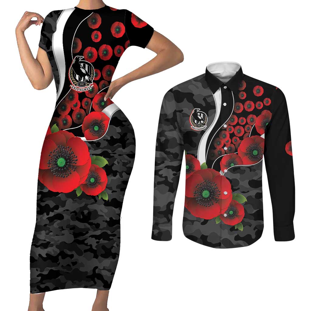 Collingwood Magpies ANZAC Personalised Couples Matching Short Sleeve Bodycon Dress and Long Sleeve Button Shirt Lest We Forget Poppy Camo