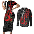 Collingwood Magpies ANZAC Personalised Couples Matching Short Sleeve Bodycon Dress and Long Sleeve Button Shirt Lest We Forget Poppy Camo