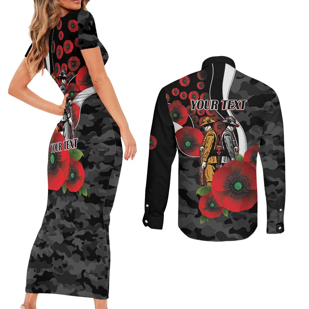 Collingwood Magpies ANZAC Personalised Couples Matching Short Sleeve Bodycon Dress and Long Sleeve Button Shirt Lest We Forget Poppy Camo