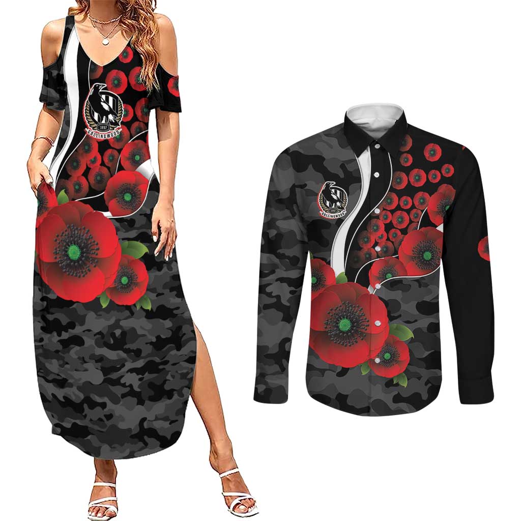 Collingwood Magpies ANZAC Personalised Couples Matching Summer Maxi Dress and Long Sleeve Button Shirt Lest We Forget Poppy Camo