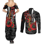 Collingwood Magpies ANZAC Personalised Couples Matching Summer Maxi Dress and Long Sleeve Button Shirt Lest We Forget Poppy Camo