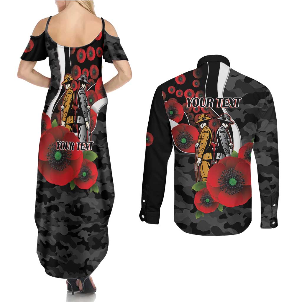 Collingwood Magpies ANZAC Personalised Couples Matching Summer Maxi Dress and Long Sleeve Button Shirt Lest We Forget Poppy Camo