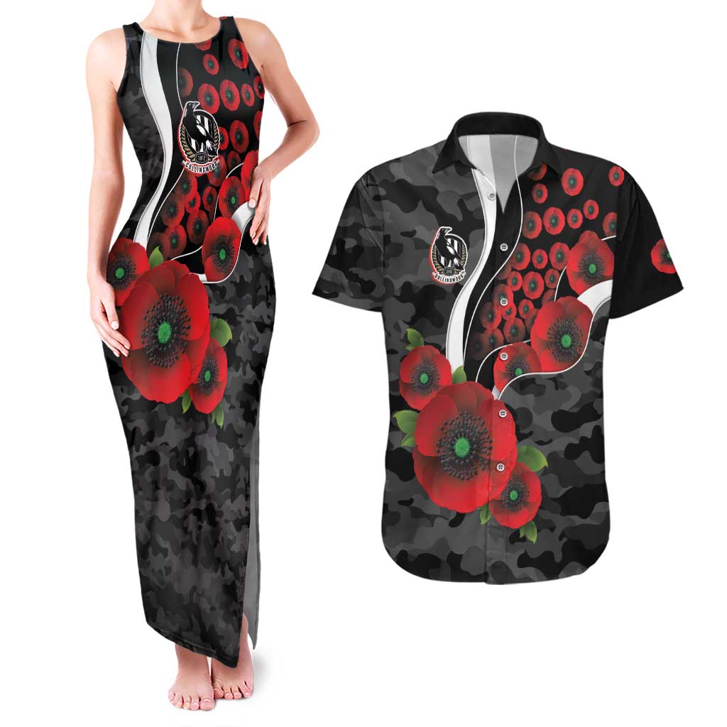 Collingwood Magpies ANZAC Personalised Couples Matching Tank Maxi Dress and Hawaiian Shirt Lest We Forget Poppy Camo
