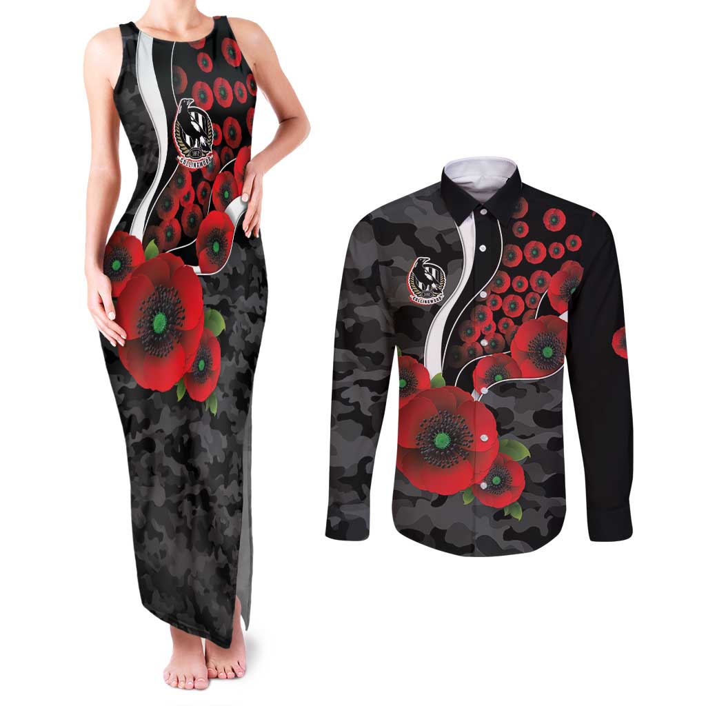 Collingwood Magpies ANZAC Personalised Couples Matching Tank Maxi Dress and Long Sleeve Button Shirt Lest We Forget Poppy Camo