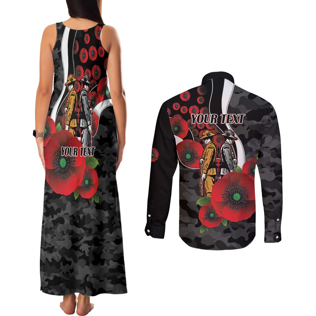 Collingwood Magpies ANZAC Personalised Couples Matching Tank Maxi Dress and Long Sleeve Button Shirt Lest We Forget Poppy Camo