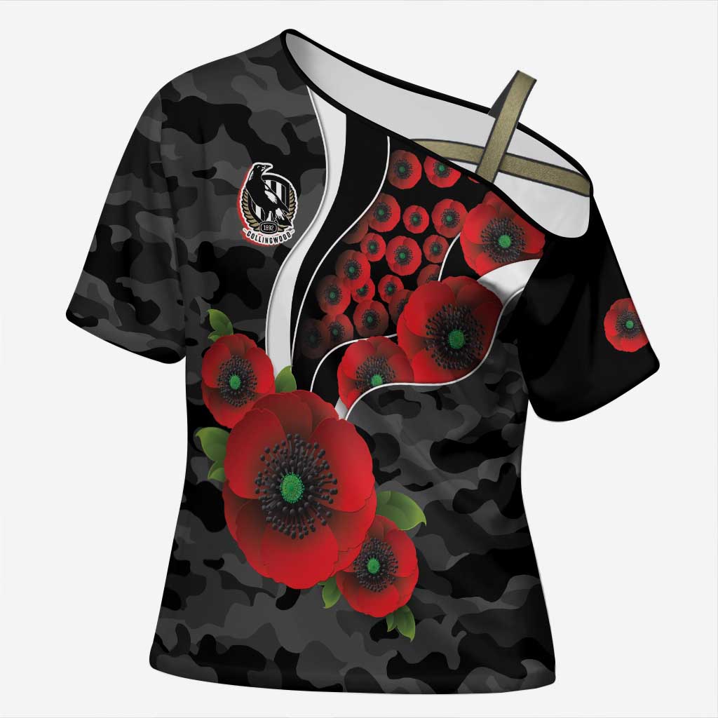 Collingwood Magpies ANZAC Personalised Cross Shoulder Shirt Lest We Forget Poppy Camo