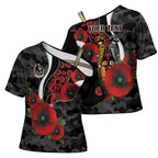 Collingwood Magpies ANZAC Personalised Cross Shoulder Shirt Lest We Forget Poppy Camo