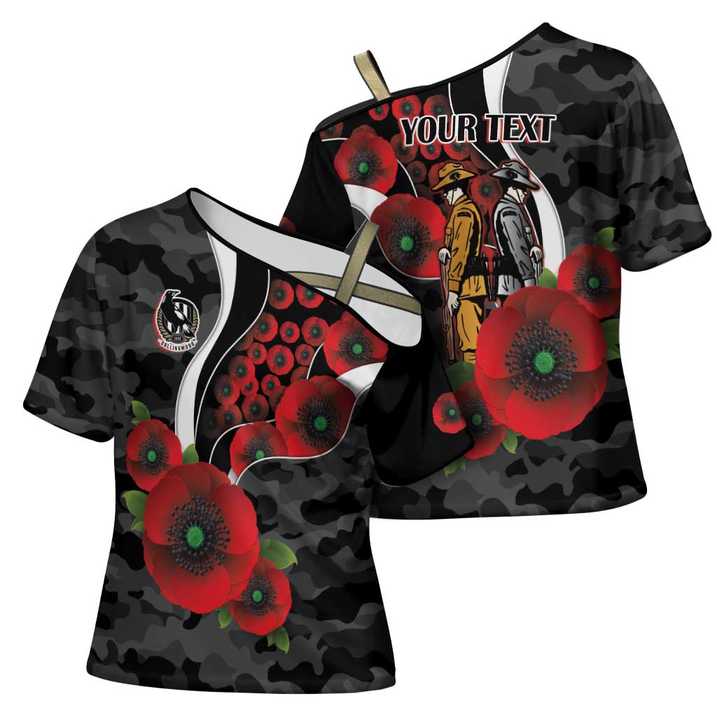 Collingwood Magpies ANZAC Personalised Cross Shoulder Shirt Lest We Forget Poppy Camo