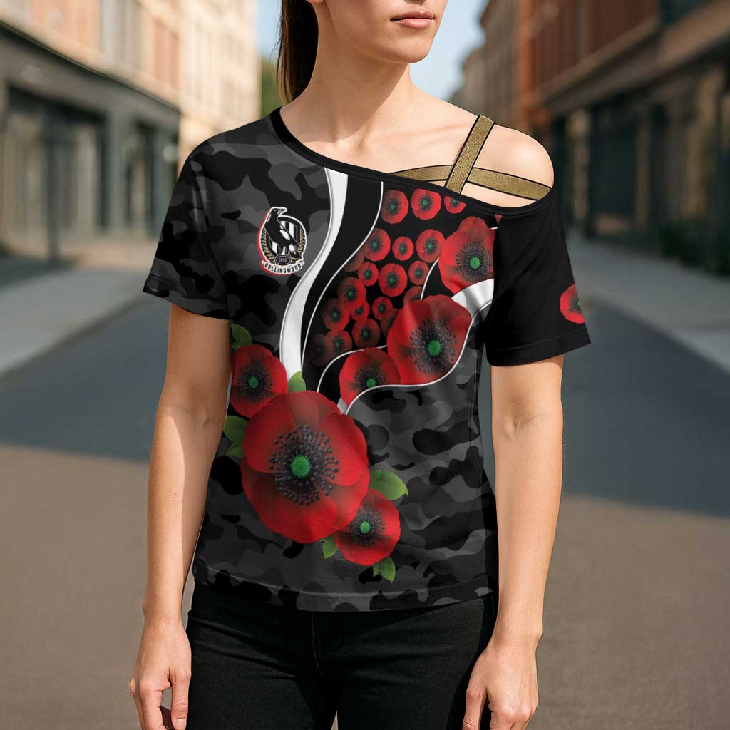 Collingwood Magpies ANZAC Personalised Cross Shoulder Shirt Lest We Forget Poppy Camo