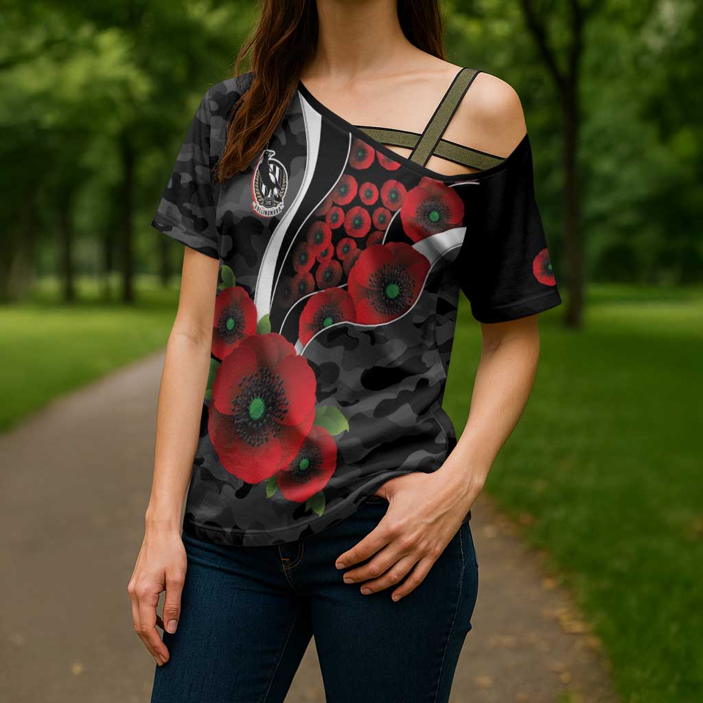 Collingwood Magpies ANZAC Personalised Cross Shoulder Shirt Lest We Forget Poppy Camo