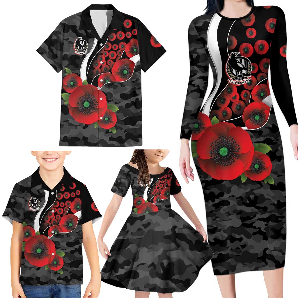 Collingwood Magpies ANZAC Personalised Family Matching Long Sleeve Bodycon Dress and Hawaiian Shirt Lest We Forget Poppy Camo