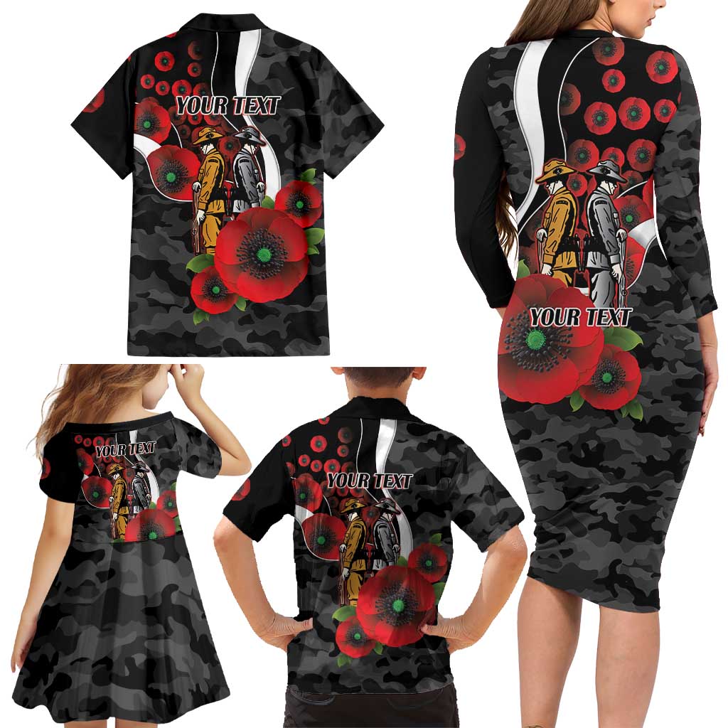 Collingwood Magpies ANZAC Personalised Family Matching Long Sleeve Bodycon Dress and Hawaiian Shirt Lest We Forget Poppy Camo