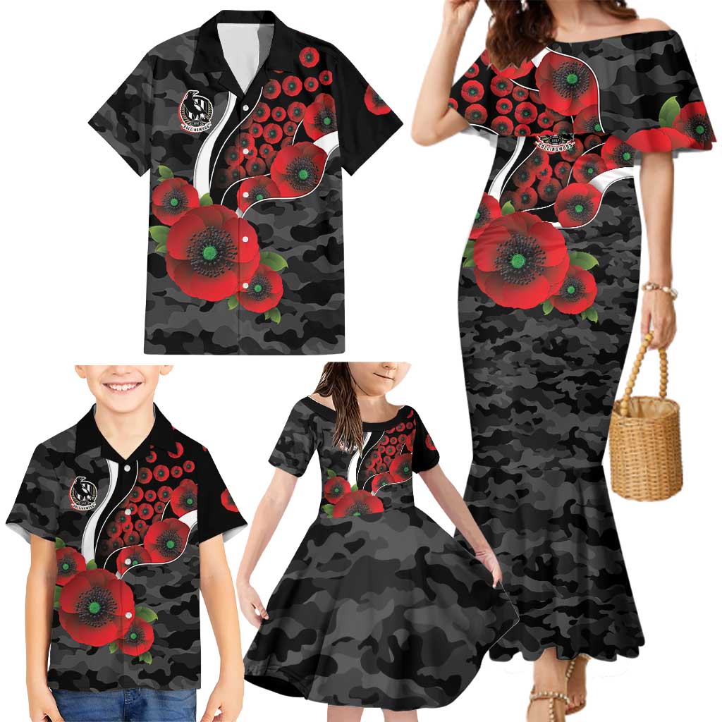 Collingwood Magpies ANZAC Personalised Family Matching Mermaid Dress and Hawaiian Shirt Lest We Forget Poppy Camo