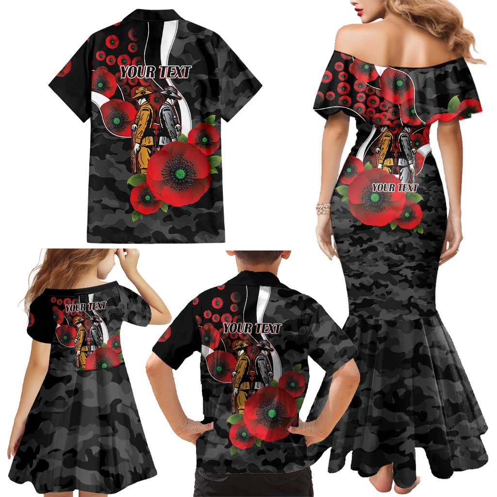 Collingwood Magpies ANZAC Personalised Family Matching Mermaid Dress and Hawaiian Shirt Lest We Forget Poppy Camo