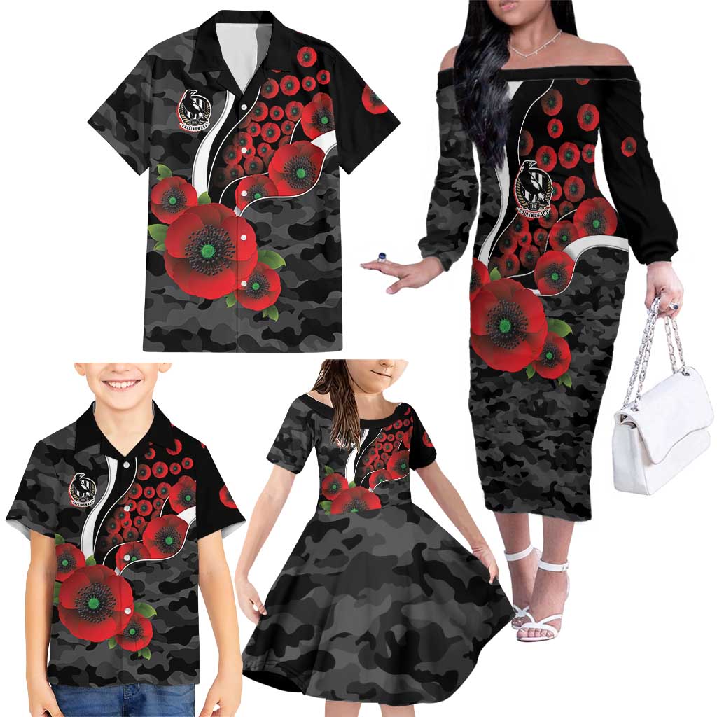 Collingwood Magpies ANZAC Personalised Family Matching Off The Shoulder Long Sleeve Dress and Hawaiian Shirt Lest We Forget Poppy Camo
