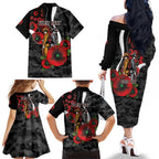 Collingwood Magpies ANZAC Personalised Family Matching Off The Shoulder Long Sleeve Dress and Hawaiian Shirt Lest We Forget Poppy Camo