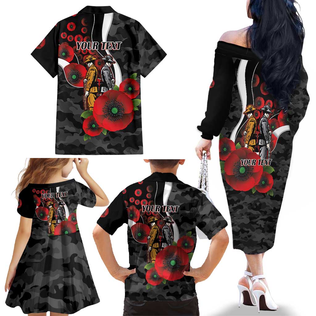 Collingwood Magpies ANZAC Personalised Family Matching Off The Shoulder Long Sleeve Dress and Hawaiian Shirt Lest We Forget Poppy Camo