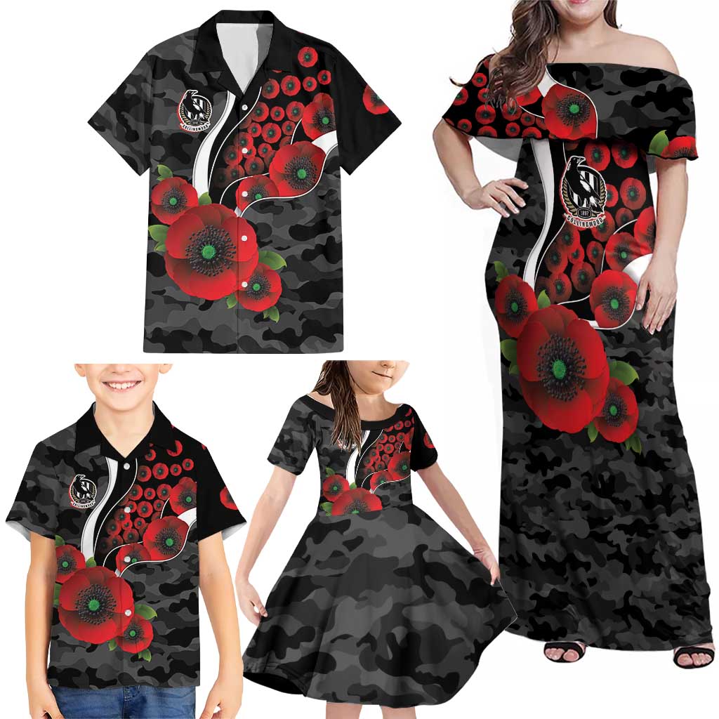 Collingwood Magpies ANZAC Personalised Family Matching Off Shoulder Maxi Dress and Hawaiian Shirt Lest We Forget Poppy Camo
