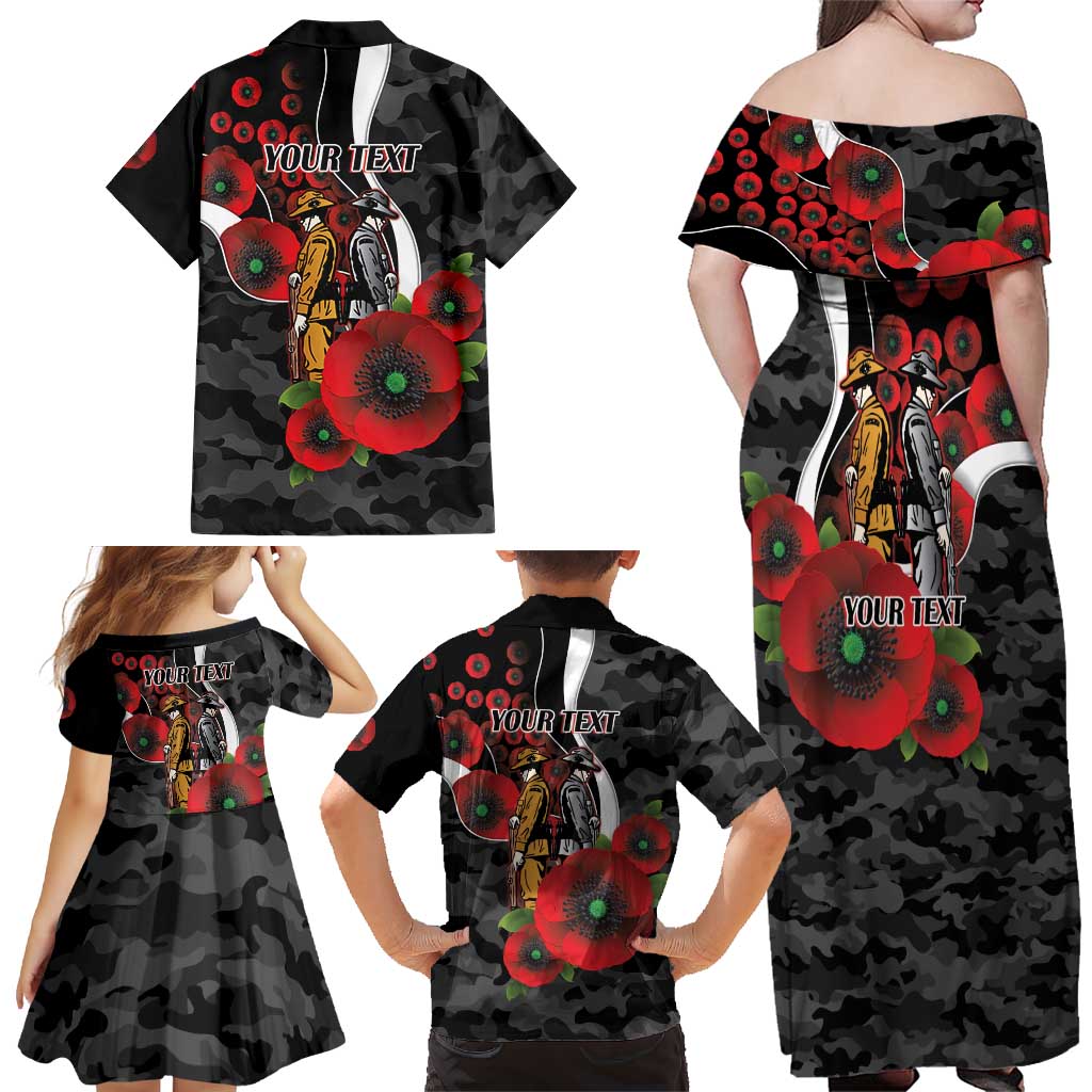 Collingwood Magpies ANZAC Personalised Family Matching Off Shoulder Maxi Dress and Hawaiian Shirt Lest We Forget Poppy Camo