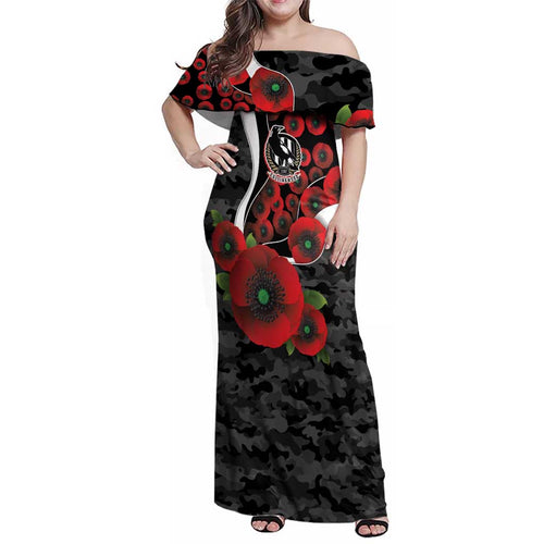 Collingwood Magpies ANZAC Personalised Family Matching Off Shoulder Maxi Dress and Hawaiian Shirt Lest We Forget Poppy Camo