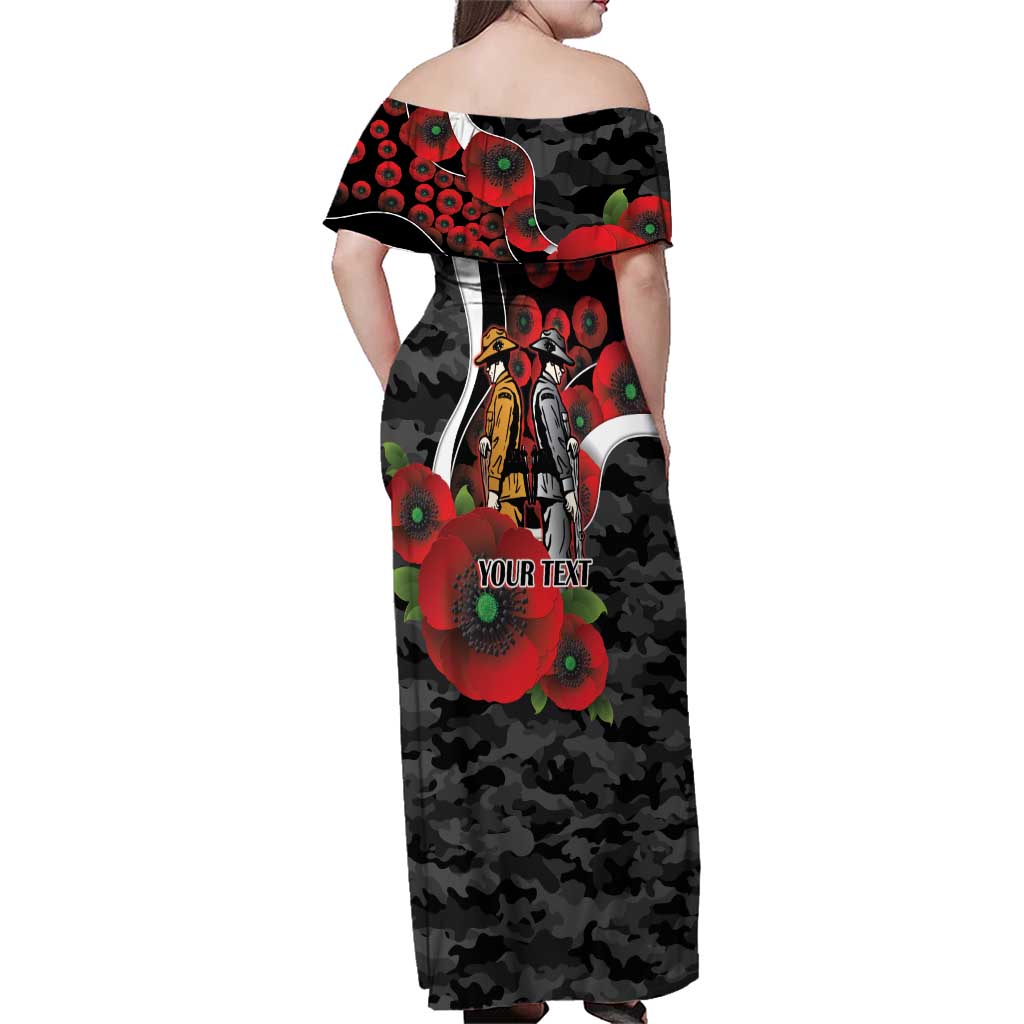 Collingwood Magpies ANZAC Personalised Family Matching Off Shoulder Maxi Dress and Hawaiian Shirt Lest We Forget Poppy Camo