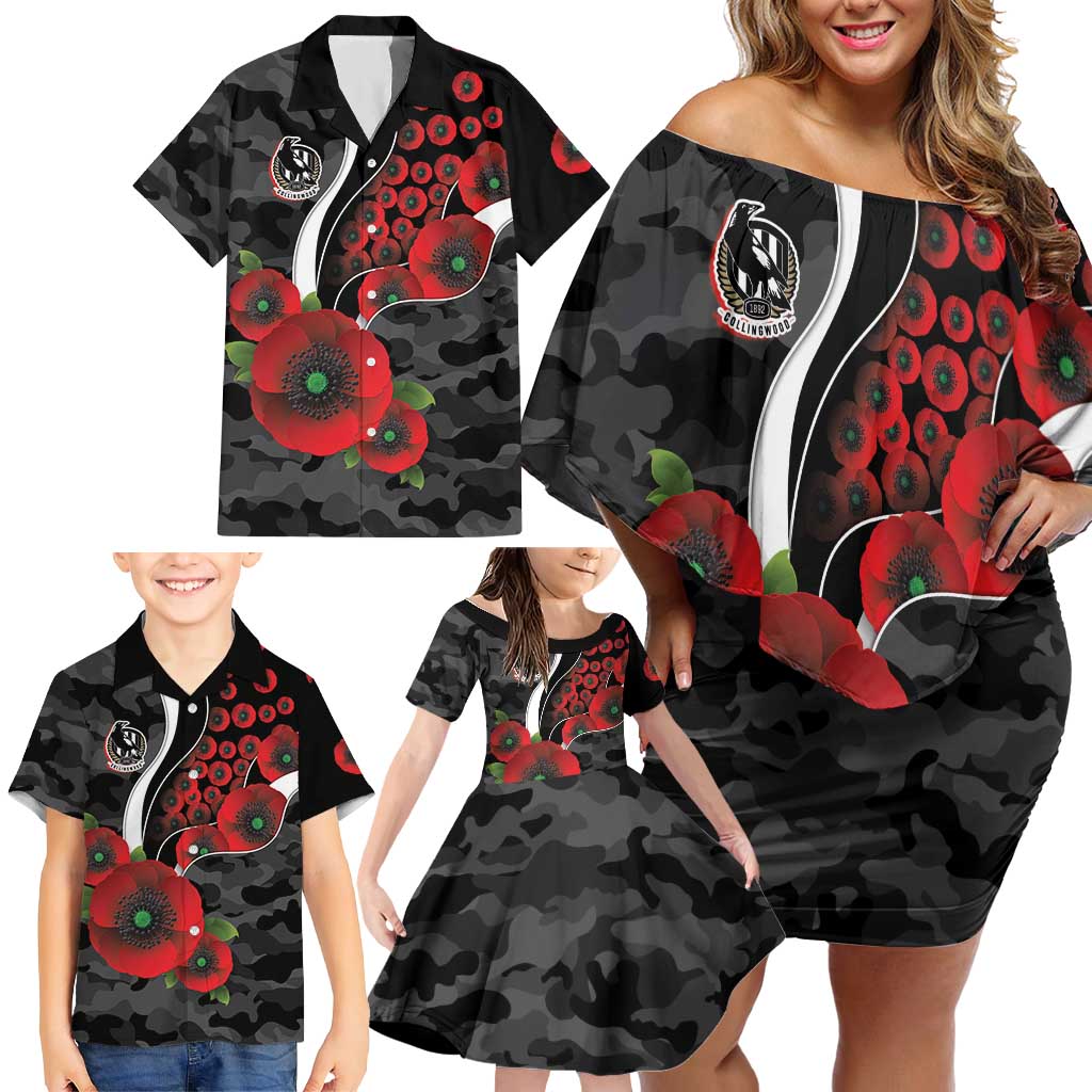 Collingwood Magpies ANZAC Personalised Family Matching Off Shoulder Short Dress and Hawaiian Shirt Lest We Forget Poppy Camo