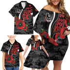 Collingwood Magpies ANZAC Personalised Family Matching Off Shoulder Short Dress and Hawaiian Shirt Lest We Forget Poppy Camo
