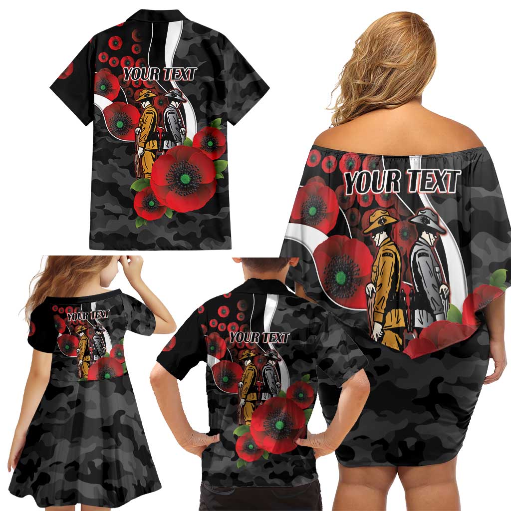 Collingwood Magpies ANZAC Personalised Family Matching Off Shoulder Short Dress and Hawaiian Shirt Lest We Forget Poppy Camo