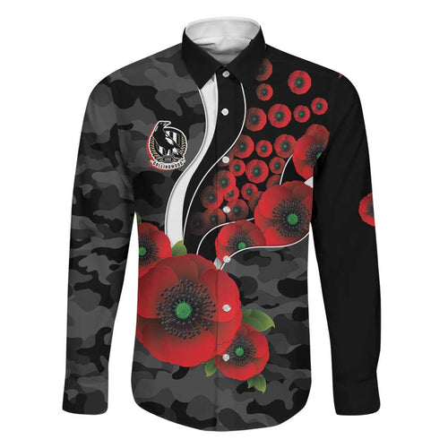 Collingwood Magpies ANZAC Personalised Family Matching Off Shoulder Short Dress and Hawaiian Shirt Lest We Forget Poppy Camo