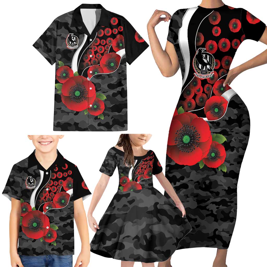 Collingwood Magpies ANZAC Personalised Family Matching Short Sleeve Bodycon Dress and Hawaiian Shirt Lest We Forget Poppy Camo