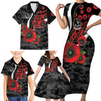 Collingwood Magpies ANZAC Personalised Family Matching Short Sleeve Bodycon Dress and Hawaiian Shirt Lest We Forget Poppy Camo