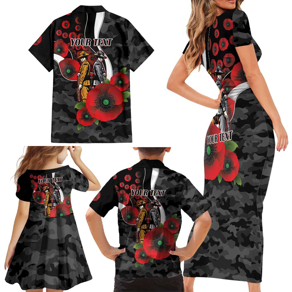 Collingwood Magpies ANZAC Personalised Family Matching Short Sleeve Bodycon Dress and Hawaiian Shirt Lest We Forget Poppy Camo