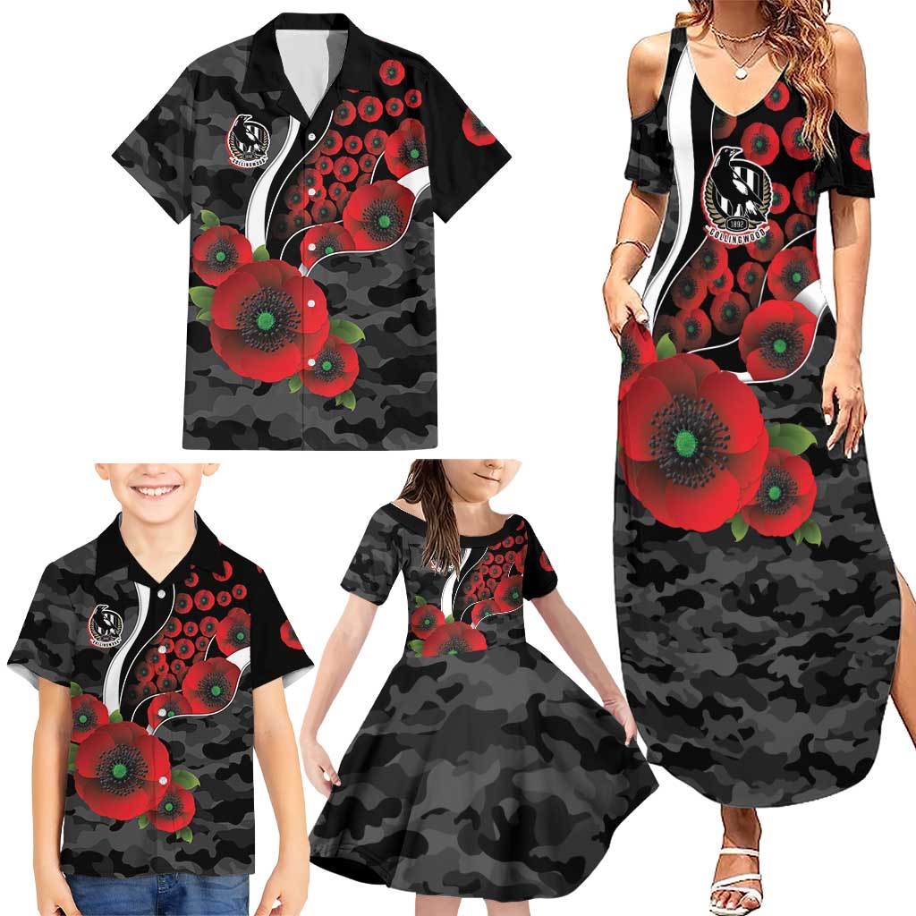 Collingwood Magpies ANZAC Personalised Family Matching Summer Maxi Dress and Hawaiian Shirt Lest We Forget Poppy Camo
